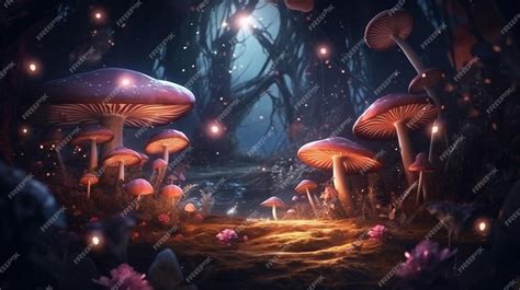 Premium Photo | A dark forest with mushrooms and a blue sky