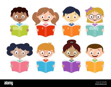 Collection of boys and girls reading books. Cartoon characters design isolated on white. Vector ...