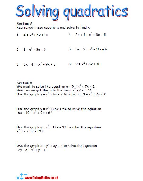 solving quadratic equations worksheet