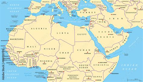 North Africa and Middle East political map with most important capitals and international ...