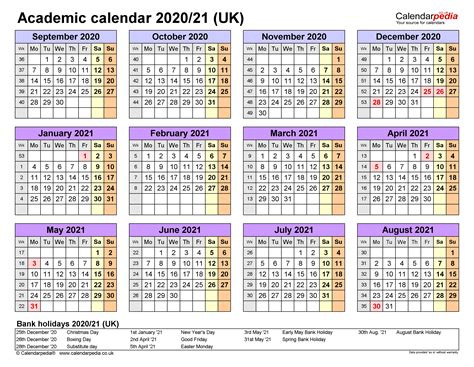 Academic calendars 2020/21 UK - free printable Excel templates