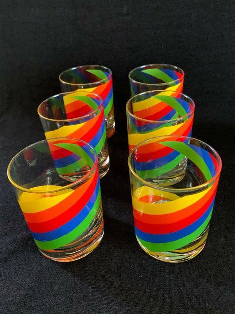 Vintage Cora Rainbow Drinking Glasses Low Ball Rocks MCM Barware Juice ...