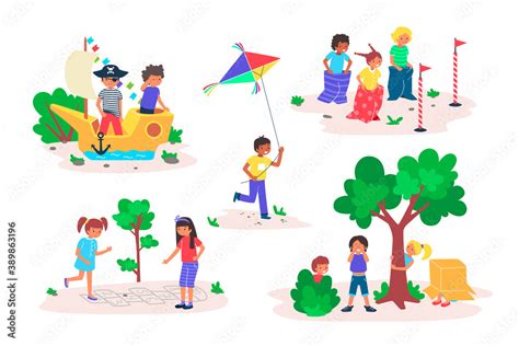 Kids play games outdoor vector illustration set. Cartoon flat happy ...