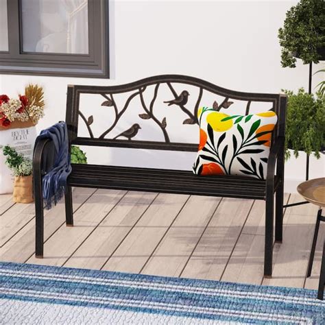 PHI VILLA 50 in. 2-Person in Antique Brass Metal Frame Garden Bench with Bird Pattern THD-PV-358 ...