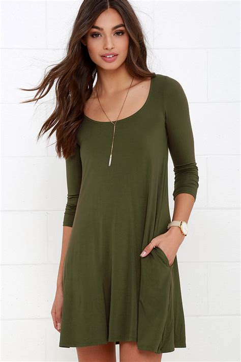 Cute Olive Green Dress - Swing Dress - Long Sleeve Dress - $34.00