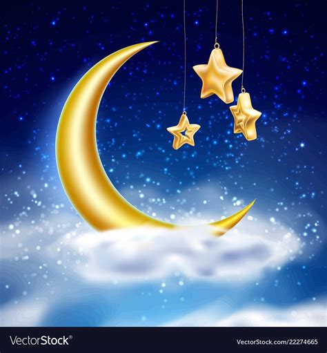 Magic night sky background with white cloud, golden moon with shining handing stars on blue ...