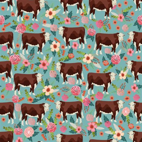 Cow Fabric Hereford Cow Floral Gulf Blue By Petfriendly