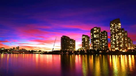 Download Wallpaper 1920x1080 city, vancouver, sunset, purple, water, sea, reflection, clouds ...