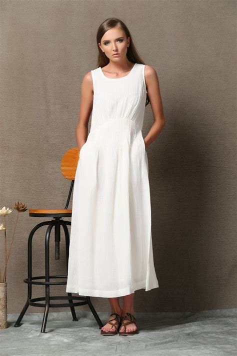 White Linen Dress, Long Linen Dress, Sleeveless Linen Tank Summer Maxi Dress With Pintuck Waist ...