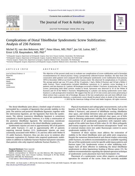 (PDF) Complications of Distal Tibiofibular Syndesmotic Screw Stabilization: Analysis of 236 ...