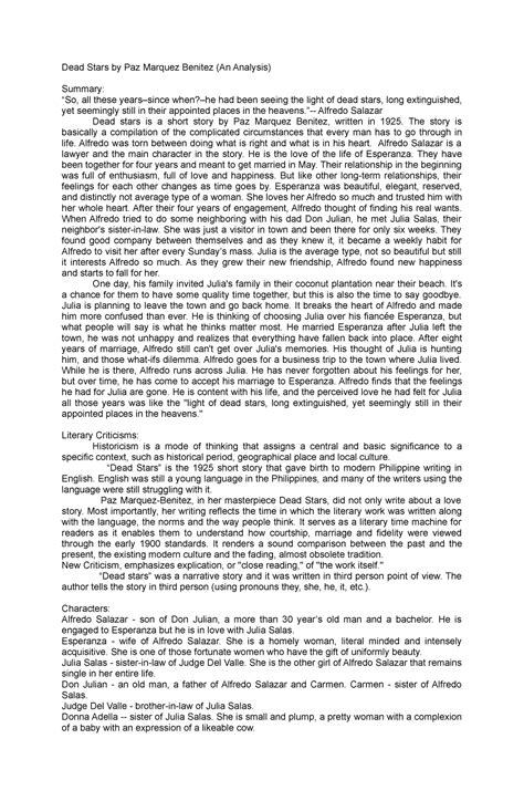 Dead Star Summary - Lecture notes 1 - Dead Stars by Paz Marquez Benitez (An Analysis) Summary ...