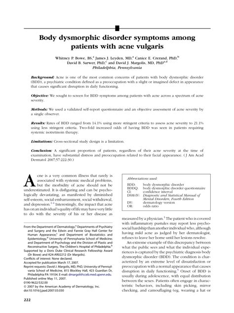 (PDF) Body dysmorphic disorder symptoms among patients with acne vulgaris