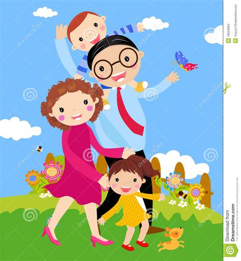 Cartoon of Happy Family Walking Outdoors with Dog. Stock Vector - Illustration of humorous ...