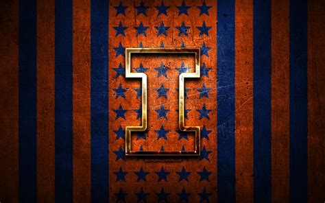 Download wallpapers Illinois Fighting Illini flag, NCAA, orange blue metal background, american ...