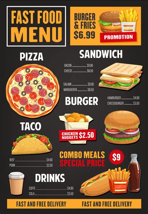 Fast food menu vector template, takeaway dishes 23832692 Vector Art at Vecteezy