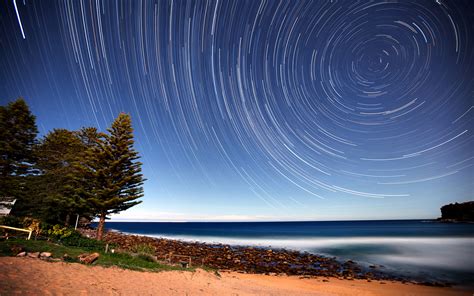 Stars Timelapse Night Trees Shore Ocean HD wallpaper | nature and landscape | Wallpaper Better