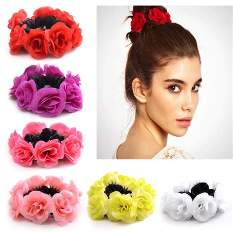 Fashion Flower Hair Bands for Women Girls Satin Big Rose Decor Elastic ...