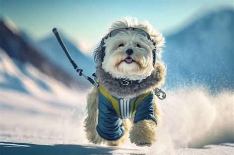 Premium AI Image | A dog wearing a blue and yellow outfit runs through ...