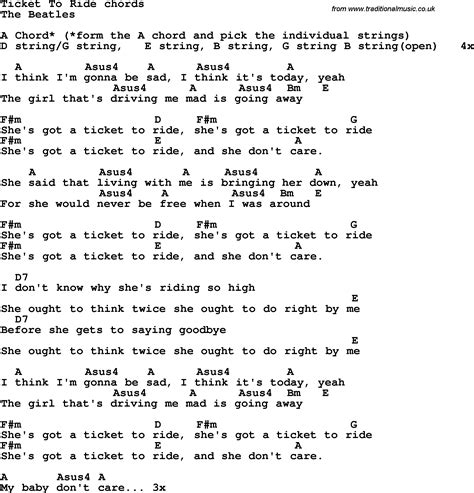 Song lyrics with guitar chords for Ticket To Ride - The Beatles