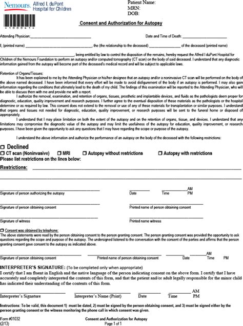 Consent and authorization for autopsy form from the Nemours/Alfred I ...