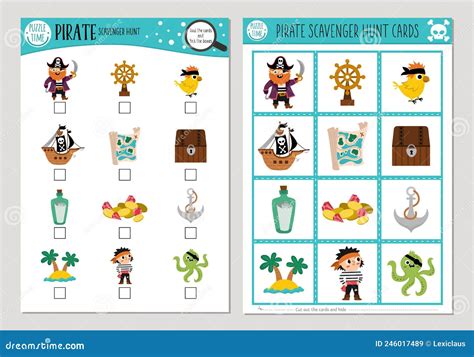 Vector Pirate Scavenger Hunt Cards Set. Seek and Find Game with Cute Pirate, Ship, Mermaid for ...