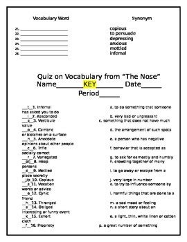 Vocabulary for “The Nose” by Nikolai Gogol- Vocab, Quiz, and Answer Key