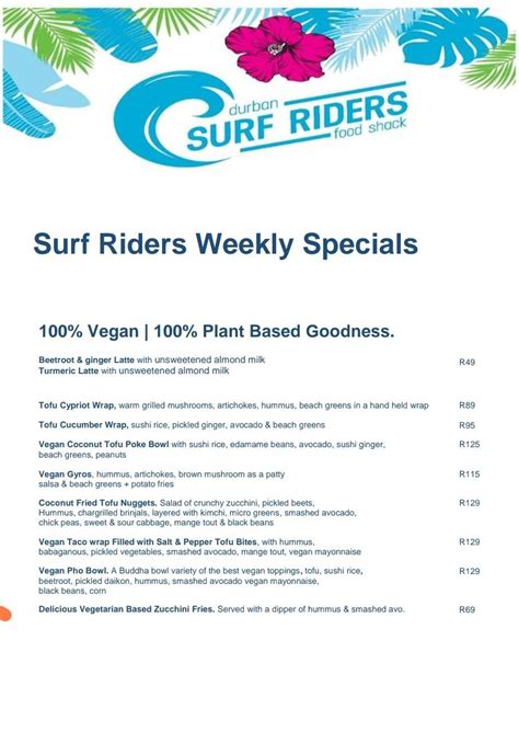 Menu at SURF RIDERS SOUTH BEACH @ BEACHFRONT restaurant, Durban