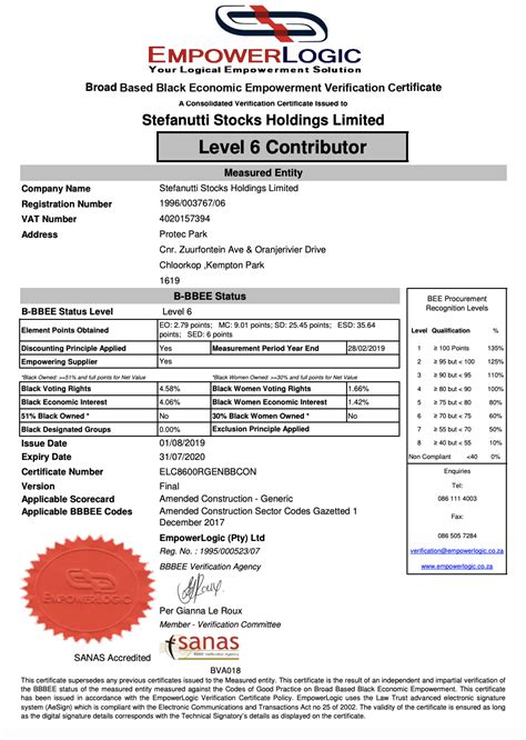 Stefanutti Stocks Holdings Limited B-BBEE certificate – 2019/2020 - Stefanutti Stocks