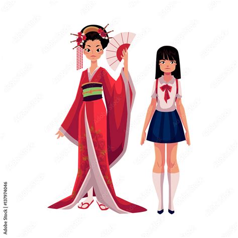 Japanese people - geisha in historical kimono and typical schoolgirl, cartoon vector ...