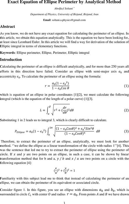 Exact Equation of Ellipse Perimeter by Analytical Method | Mathematics | Cambridge Open Engage