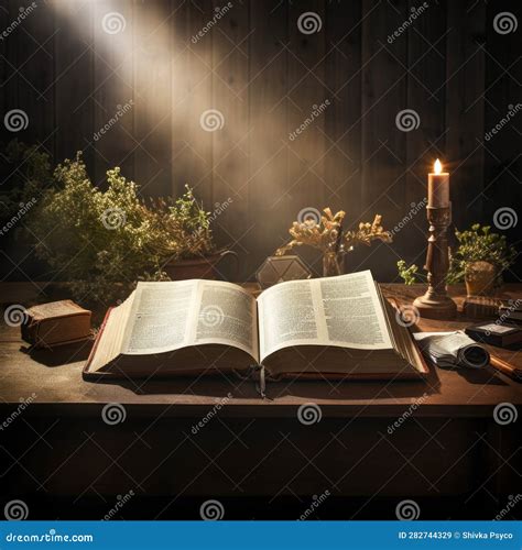 Image of Open Bible on Table with Glowing Candles and Flowers Photo ...