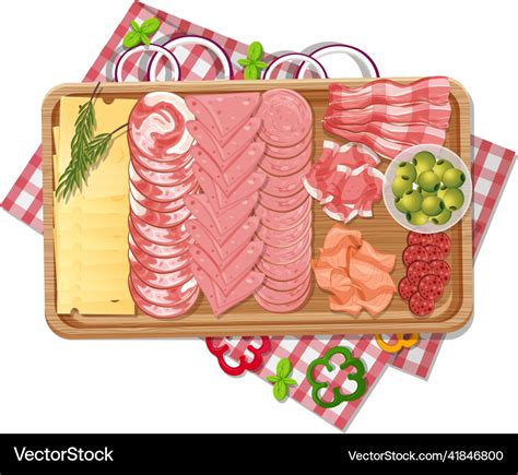 Top view of lunch meat on a wooden tray Royalty Free Vector