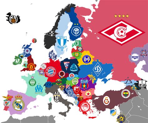 Map of clubs in Europe with most league titles for each country : soccer