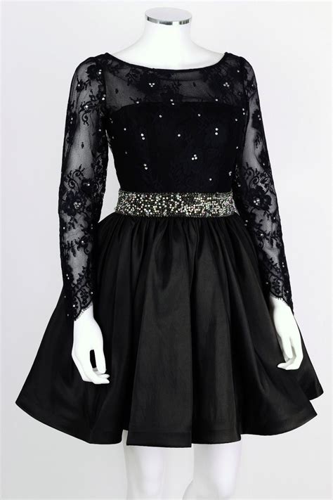 Back Lace Long Sleeve Rhinestone Cocktail Party Dress, Black Short Prom ...