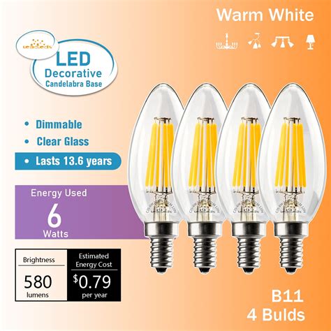 Leadleds 6W Chandelier LED Light Bulbs 60 Watt Equivalent, E12 Mini ...