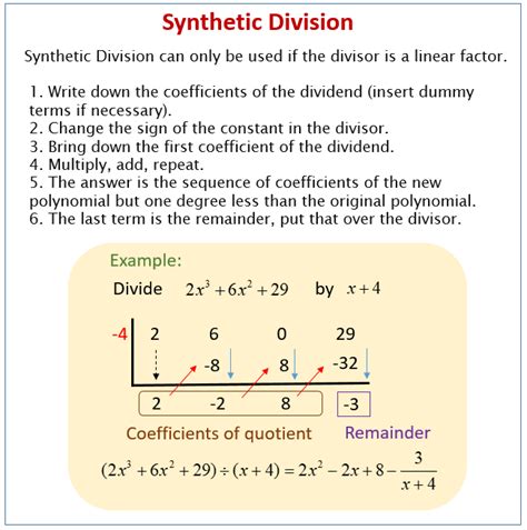 Synthetic Division (solutions, examples, videos, worksheets, activities)