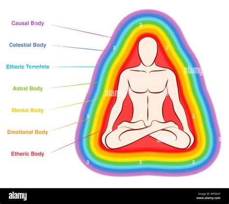 Aura bodies. Rainbow colored labeled layers of a male body. Etheric, emotional, mental, astral ...