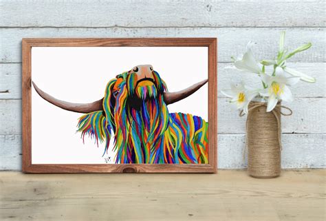 Rainbow Highland Cow Print Multicoloured Art Animal Art | Etsy