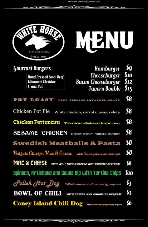 Menu at White Horse Tavern pub & bar, Yelm