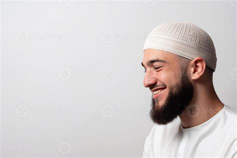 Muslim man with beard wearing white kufi. 26489245 Stock Photo at Vecteezy