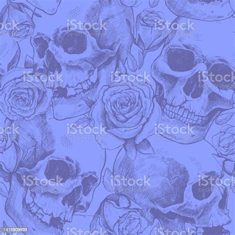 Seamless Pattern Of Hand Drawn Human Skulls And Rose Flowers Vector Graphic Purple Illustration ...