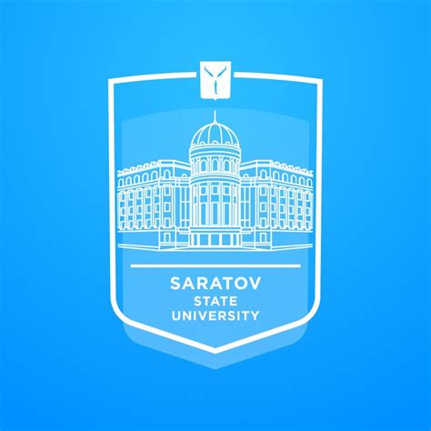 the logo for saratov state university is shown on a blue and white shield with a building in the ...