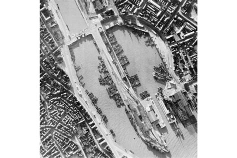 Aerial photograph of German invasion barges waiting at Boulogne harbour, France, during the ...