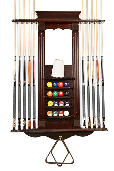 a pool cue rack with eight balls and cues