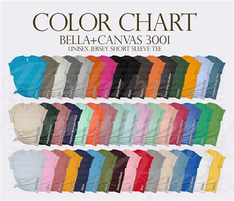 Bella Canvas 3001 Color Chart Size Chart All Printful Colors - Etsy | Color chart, Bella canvas ...