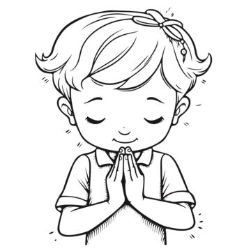 Cute Black And White Coloring Page Of A Little Girl Praying Outline ...