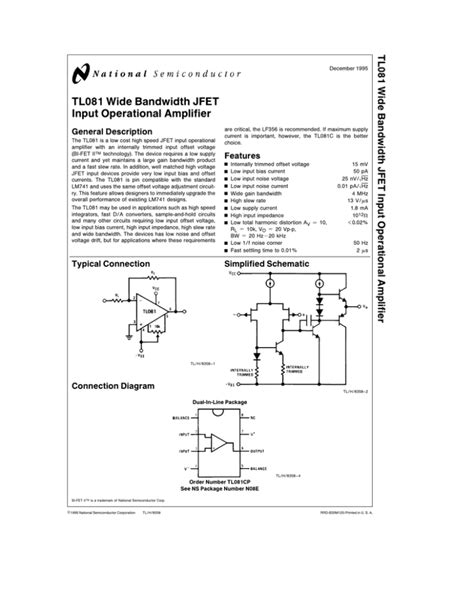 TL081 Wide Bandwidth JFET Input Operational Amplifier