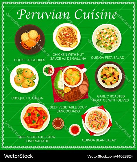 Peruvian cuisine restaurant food menu page Vector Image