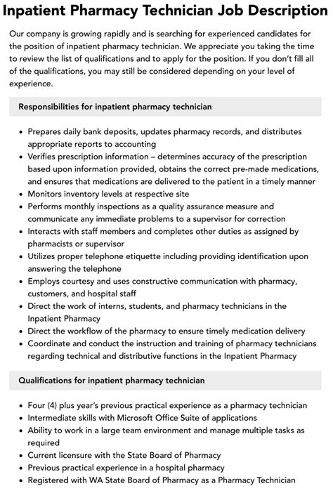 Inpatient Pharmacy Technician Job Description | Velvet Jobs