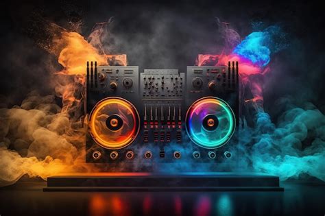 Premium Photo | Abstract modern dj mixer on the table, cyberpunk colored light and smokes around ...